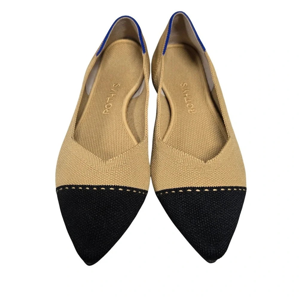 Rothys The Point Flats Camel Black Cap Toe Pointed Toe Shoes Womens Size 8